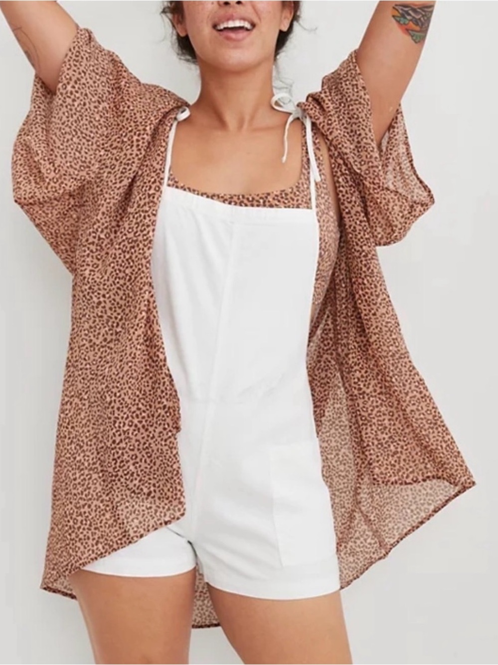 Aerie Linen Tie Shoulder Shortall Romper in White